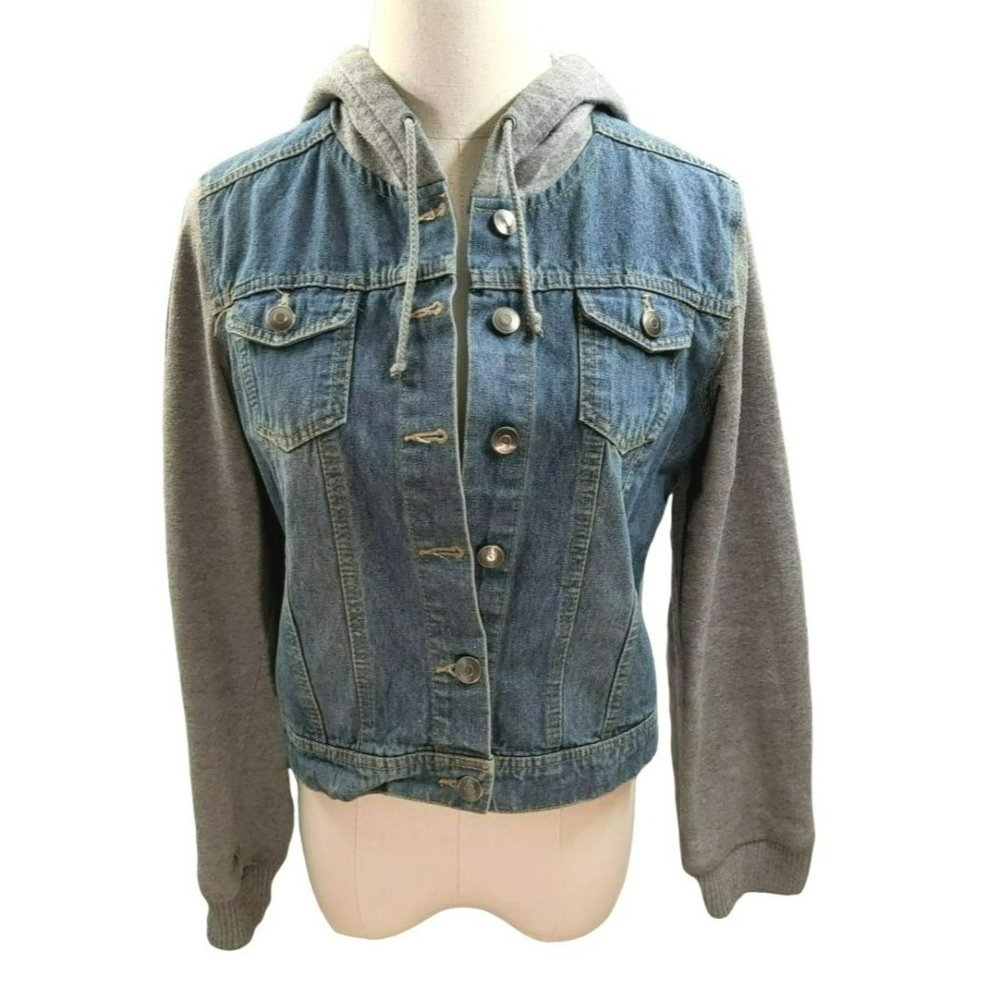 Forever 21 Girl's Large Cotton Drawstring Hoodie Cropped Button Up Denim Body